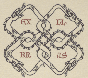 Four interlocked Ouroboros in Viking style. Within the words "Ex Libris" in four syllabels.