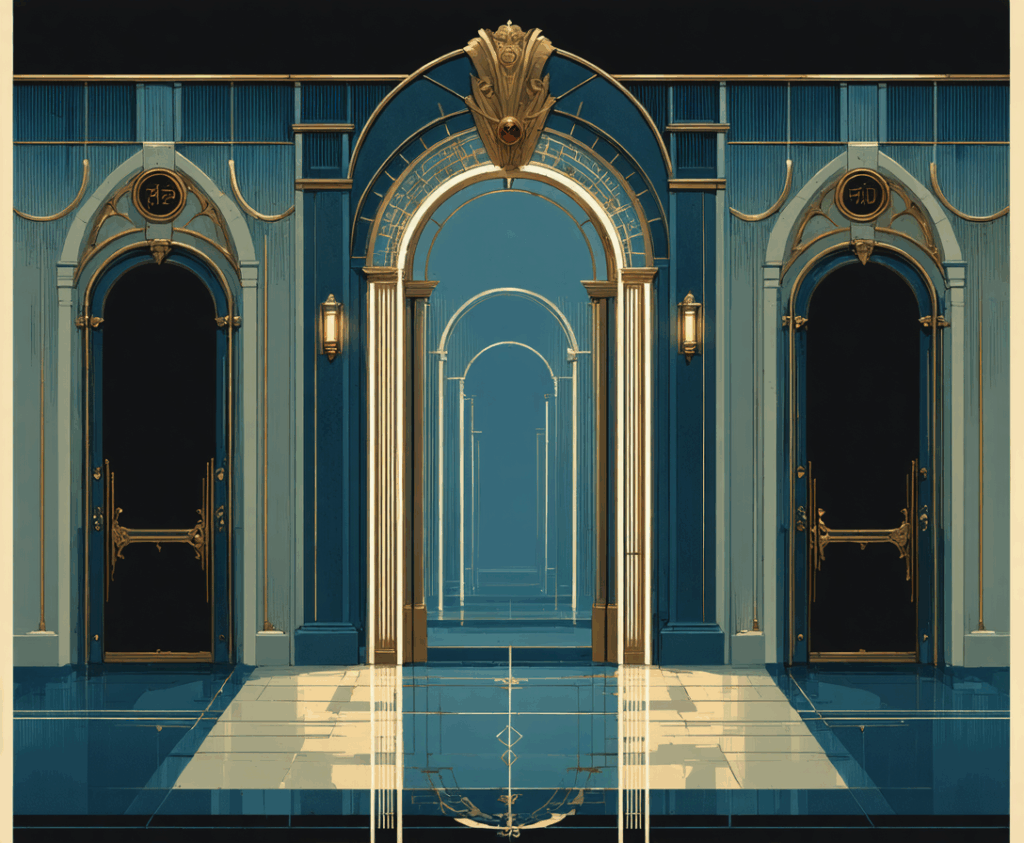 An AI generated image depicting doorways and thresholds within each other. For illustration.