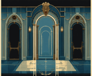 An AI generated image depicting doorways and thresholds within each other. For illustration.