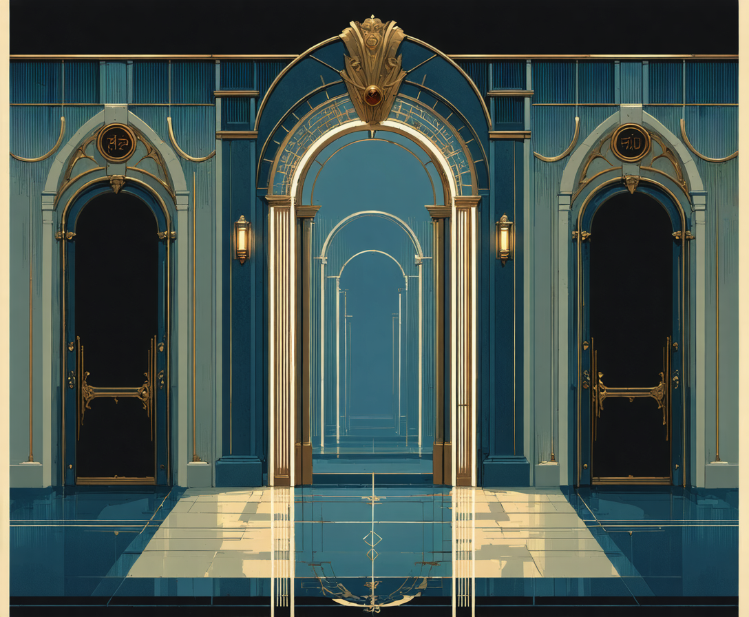 An AI generated image depicting doorways and thresholds within each other. For illustration.