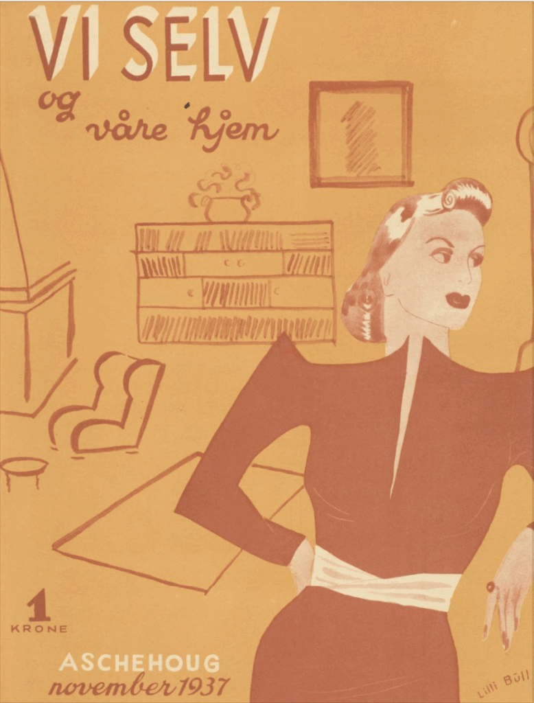 Cover of the magazine "Vi selv og våre hjem", November 1937. A women in a sleek black dress with a white belt is leaning to the right. In the background, a living room with book cases, framed pictures a chair and a carpet is visible.