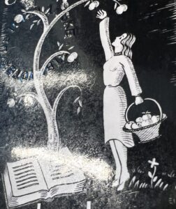 A woman reaching for an apple hanging on a tree. She carries a basket filled with apples in her left hand. A book, opened, lies on the gras below the tree. The image is a detail taken from an exlibris.